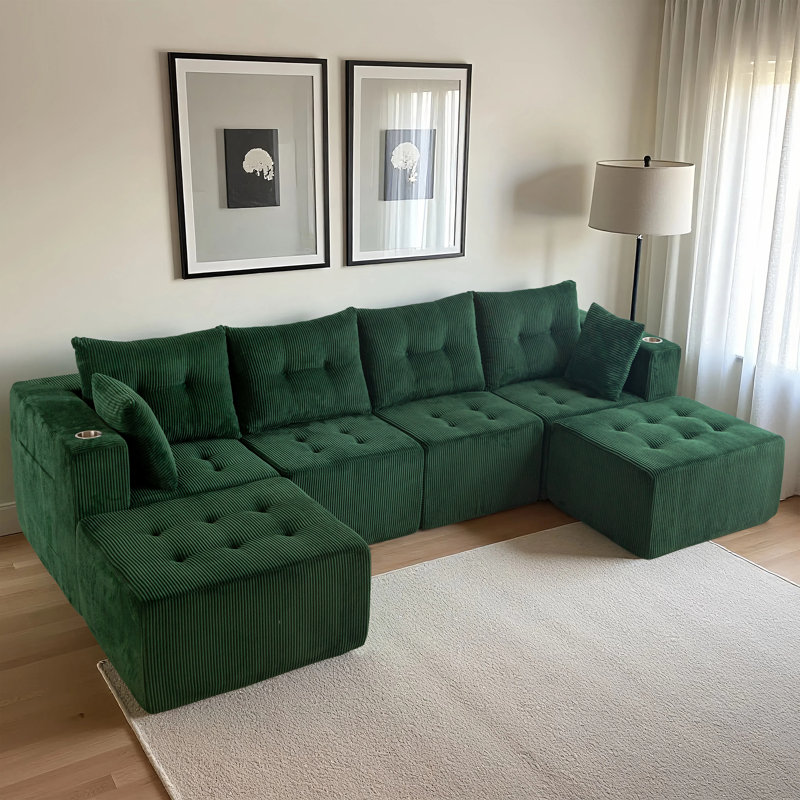 Boneless U Shaped Modern Cloud Couch With 2 Ottomans Tufted 6-seat Boneless Sleeper Chair, Green Corduroy