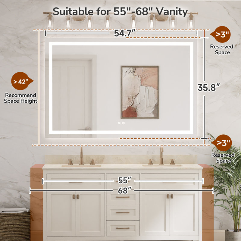 Cardier Front and Backlit Wall Mount Bathroom LED Vanity Mirror with 3-Color Adjustment, Shatterproof, Tempered Glass