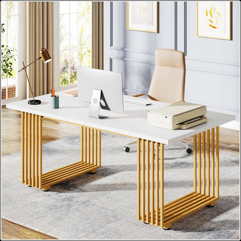 Bureau de direction moderne de 70,9 po avec pieds en métal doré, spacieux et durable pour le bureau à domicile ou la salle de réunion