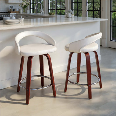 Tabouret de comptoir à hauteur fixe avec pivot en bois et similicuir avec repose-pieds rond en métal - ensemble de 2