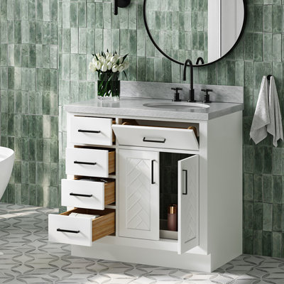 Ensemble de meuble-lavabo simple ovale 37 po à chevrons avec comptoir en marbre blanc de Carrare blanc 1,5 po Chevron
