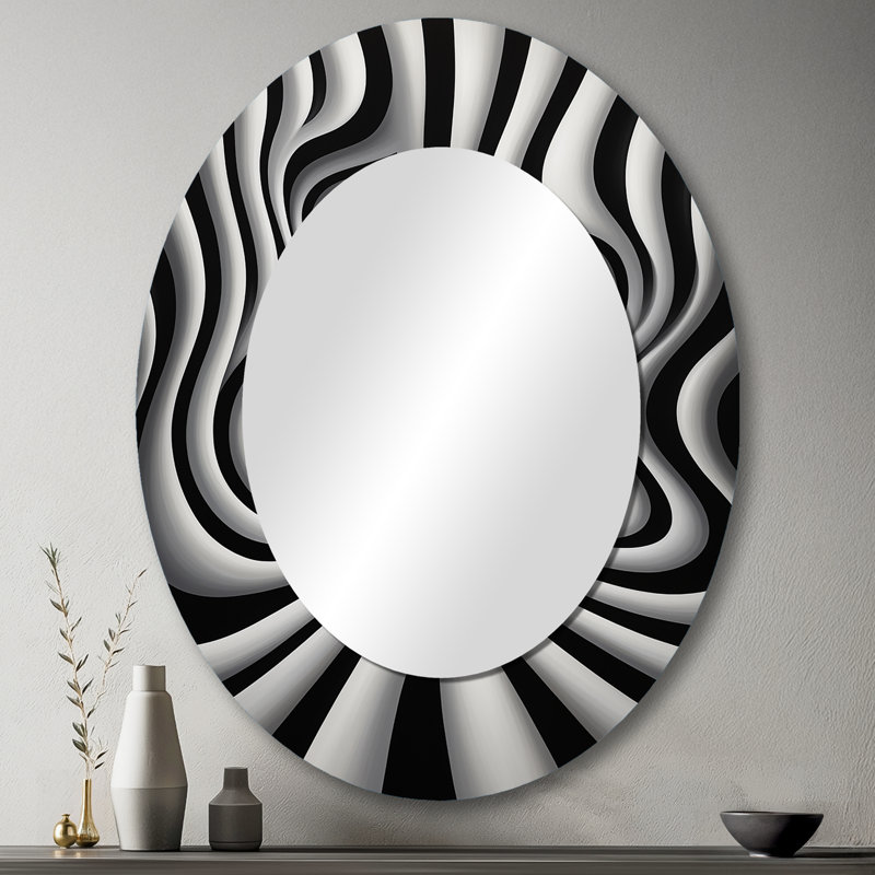Black White Optical Art Dream I - Abstract Oval Decorative Mirror On Metal, 43" x 33"