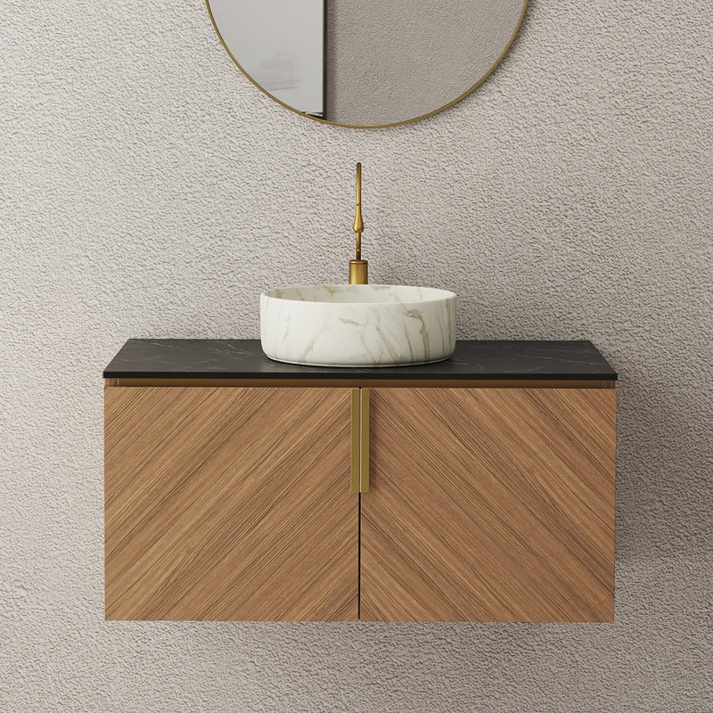 Meuble-lavabo 36 po, armoire de rangement murale en contreplaqué avec portes doubles, comptoir en pierre frittée noire et lavabo rond en céramique blanche avec motif de pierre, couleur grain de bois de chêne brun