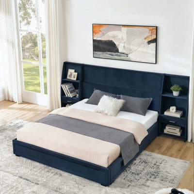 Base de lit plateforme avec rangement moderne, tête de lit en velours brillant avec bibliothèques latérales et tiroir, matelas non inclus