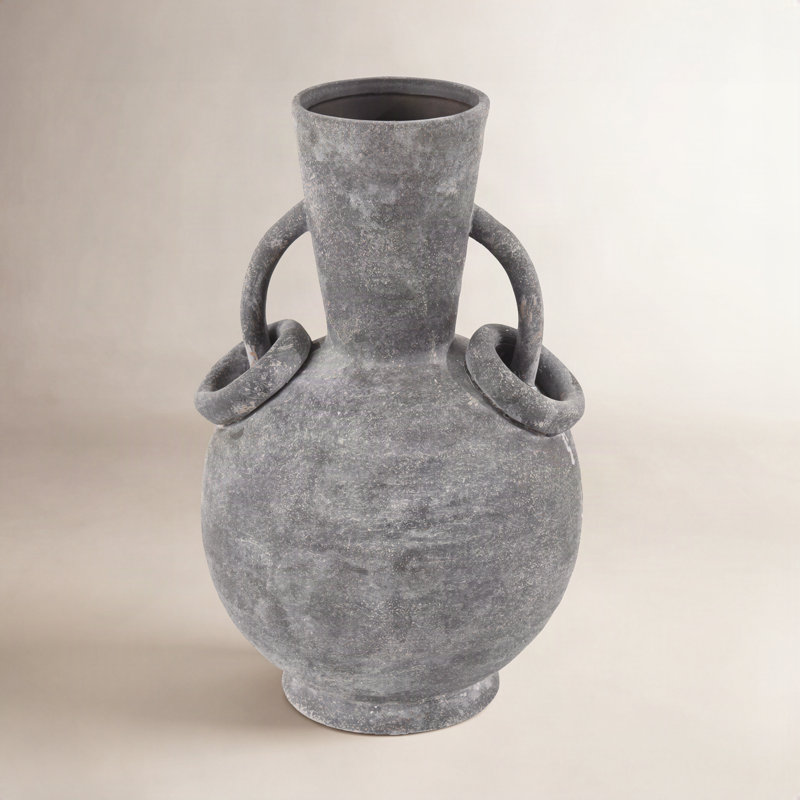 Ceramic Textured Decorative Vase with Ring Handles, Gray