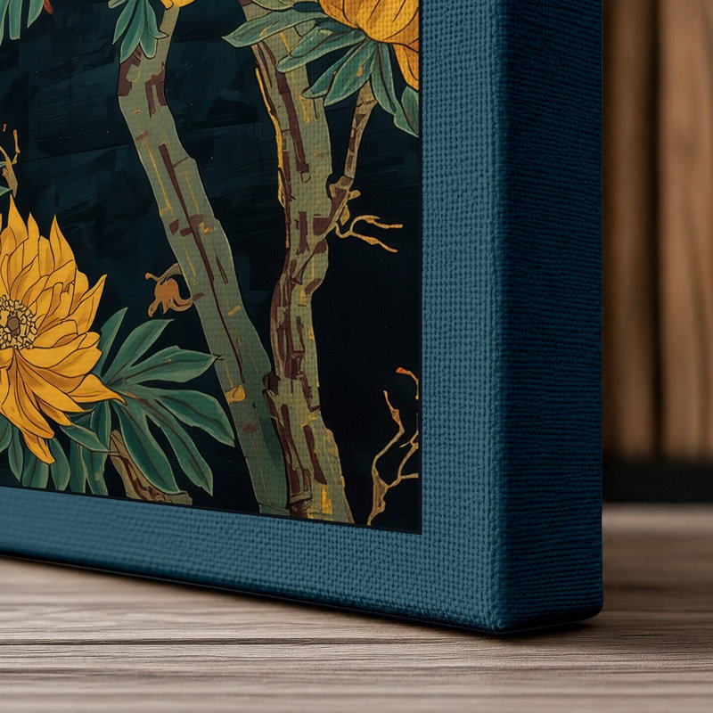 Golden Chrysanthemums Botanical - Wrapped Canvas, 18x12 - 45.7 x 30.5 cm, Teal Border