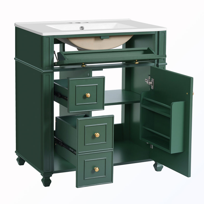 Meuble-lavabo autoportant avec tablette réglable et tiroirs, Vert