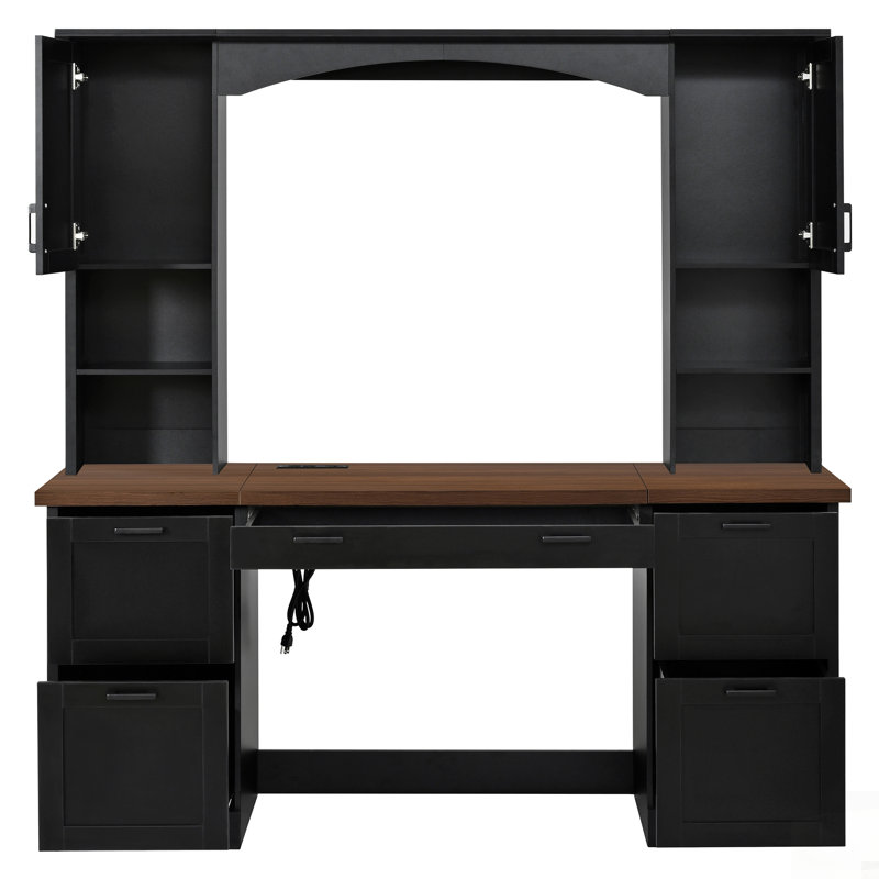 Bureau d'ordinateur Farmhouse avec arche avec huche, poste de travail Mid-Century en noyer avec station de charge et plateau à clavier, bureau d'écriture tout-en-un avec tiroir classeur pour bureau, bureau