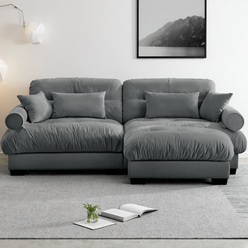 Oversize Modern L-Shape Sectional Sofa Two-Seater with Ottoman, Velvet Upholstery with Round Bolster Armrests, Includes Waist Pillow & Throw Pillows