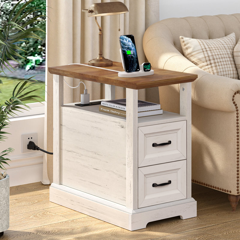 2-Drawer Farmhouse End Table With Built-In Outlets, Natural/Rustic White