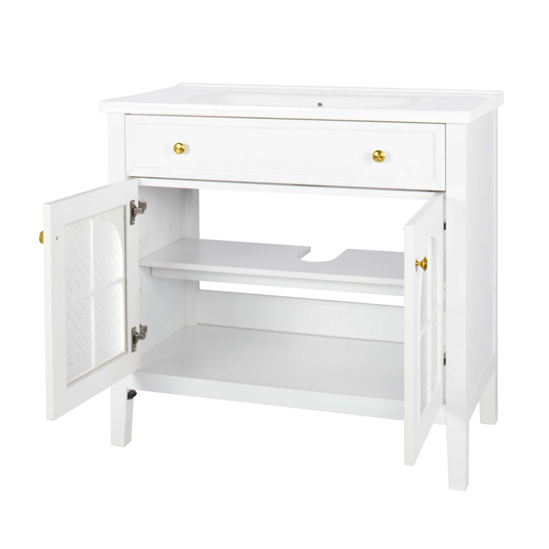 Lavabo de salle de bain 35,6 po Mid-Century avec verre à motif et bande de capteur de mouvement, meuble-lavabo sur pied Farmhouse avec rangement, meuble-lavabo haut de gamme pour salle de bain