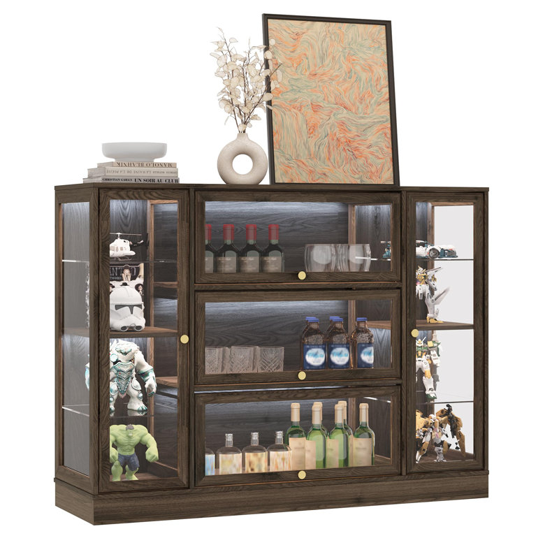 Extra Wide Display Cabinet With Acrylic Glass Doors,LED Lighting For Collectibles, Brown