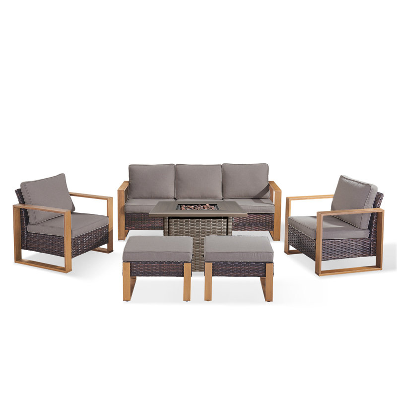Ensemble de conversation d'extérieur 6 pièces avec foyer d'extérieur carré Palomares, siège de patio en osier pour 7 personnes avec canapé, fauteuils et repose-pieds