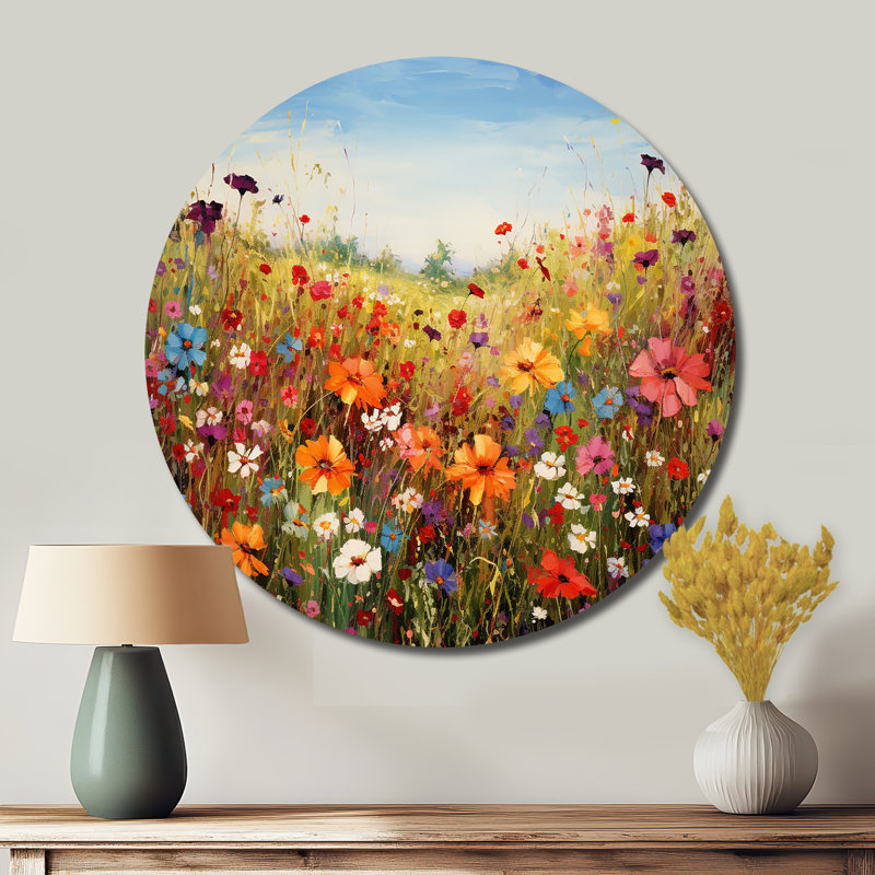Fleurs colorées de prairies fleuries I - Art floral rond en métal, H 23 po x l 23 po