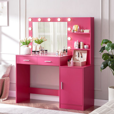 Vanity Desk With Mirror And Lights, 46.4In Dressing Table In Rose Pink, 2 Large Drawers & Fabulous Vertical Organizer, 3 Level Dresser, Lighting Modes Adjustable Brightness For Bedroom Pink Alluring