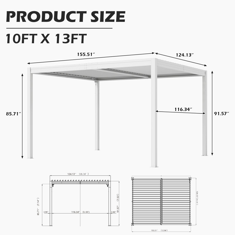 Pergola d'extérieur en métal avec toit réglable et système de drainage Domi, H 91,57 po x l 155,51 po x P 124,13 po, Blanc