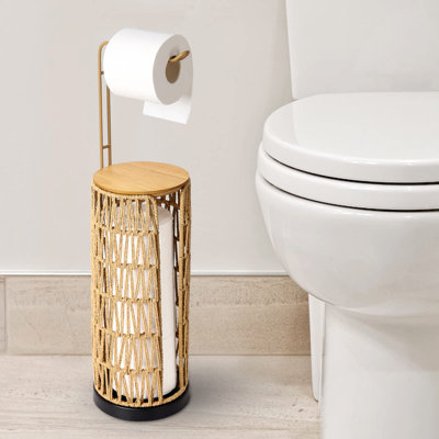 Freestanding Toilet Paper Holder with Storage, 3 Rolls of Tissue Holder for Bathroom, Handmade Woven Toilet Paper Roll Holder Stand, Rattan Sturdy Boho Bathroom Decor Farmhouse Toilet Paper Storage, (Brown)