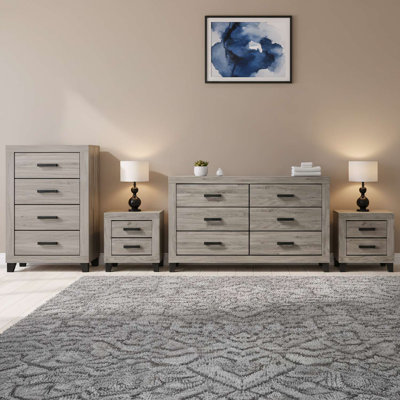 Transitional 4-Piece Bedroom Set with 6-Drawer Dresser, Chest and 2 Nightstands in Light Gray Wood Finish