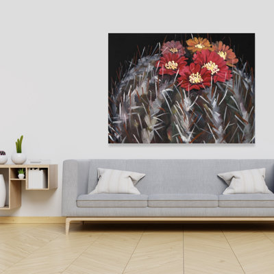 Mammillaria cactus en fleurs - art contemporain noir sur toile