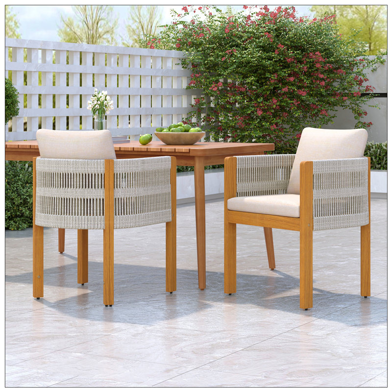Acacia Wood Outdoor Dining Chairs 2-Pack With Rope Handles, Washable Waterproof Cushions, And 400 Lbs Capacity