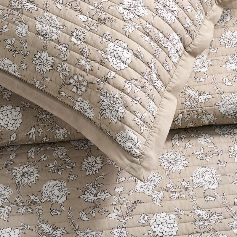 100% Cotton Patchwork Quilt Set, Queen Quilt + 2 Standard Shams, Sandstone Beige Floral