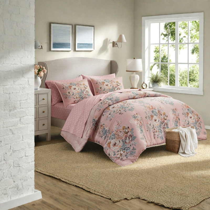 Ensemble de literie réversible 7 pièces en microfibre de style floral pour la maison