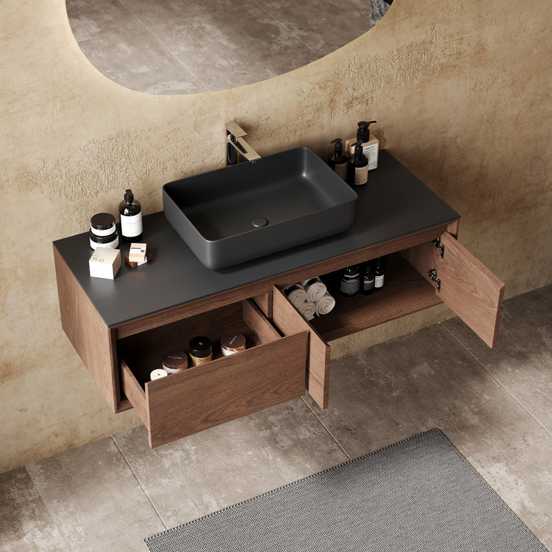 Meuble-lavabo simple 48 po avec comptoir en pierre noire, meuble-lavabo flottant en bois massif multi-couches avec un tiroir et une armoire
