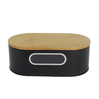  Bread Box For Kitchen Counter With Bamboo Cutting Board Lid, Large Farmhouse Style Metal Bread Storage For Loaves, Dinner Rolls, Pastries (black)
