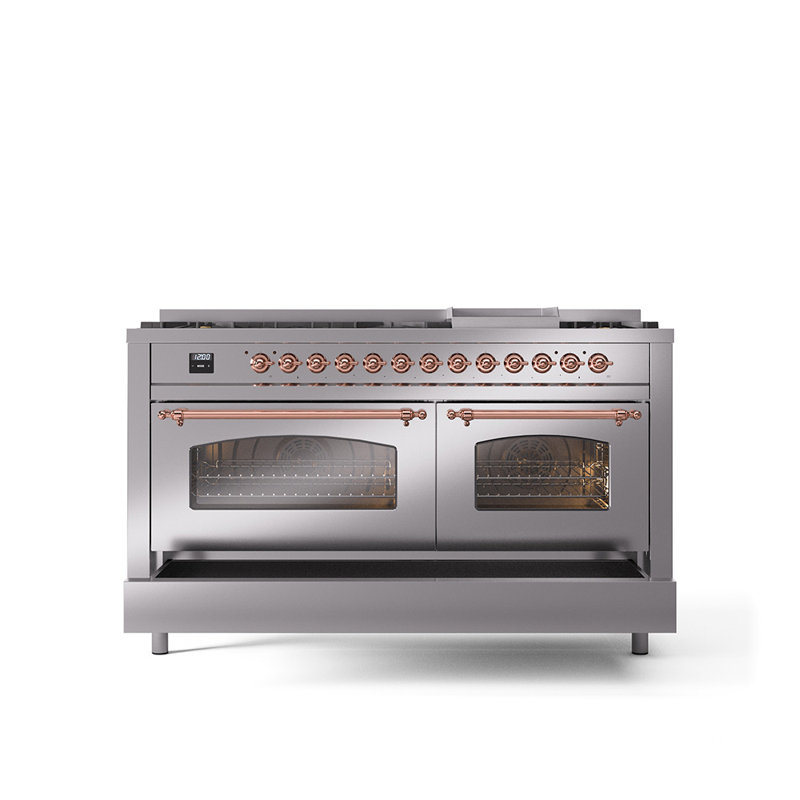 ILVE Nostalgie II 60 Dual Fuel Range, 9 Burners, Griddle, Natural Gas, Stainless Steel/Copper