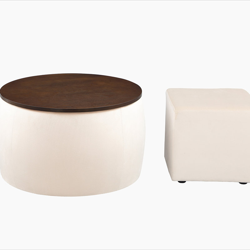 Ensemble de repose-pieds rond avec rangement, combinaison 2 en 1, table basse ronde, Beige