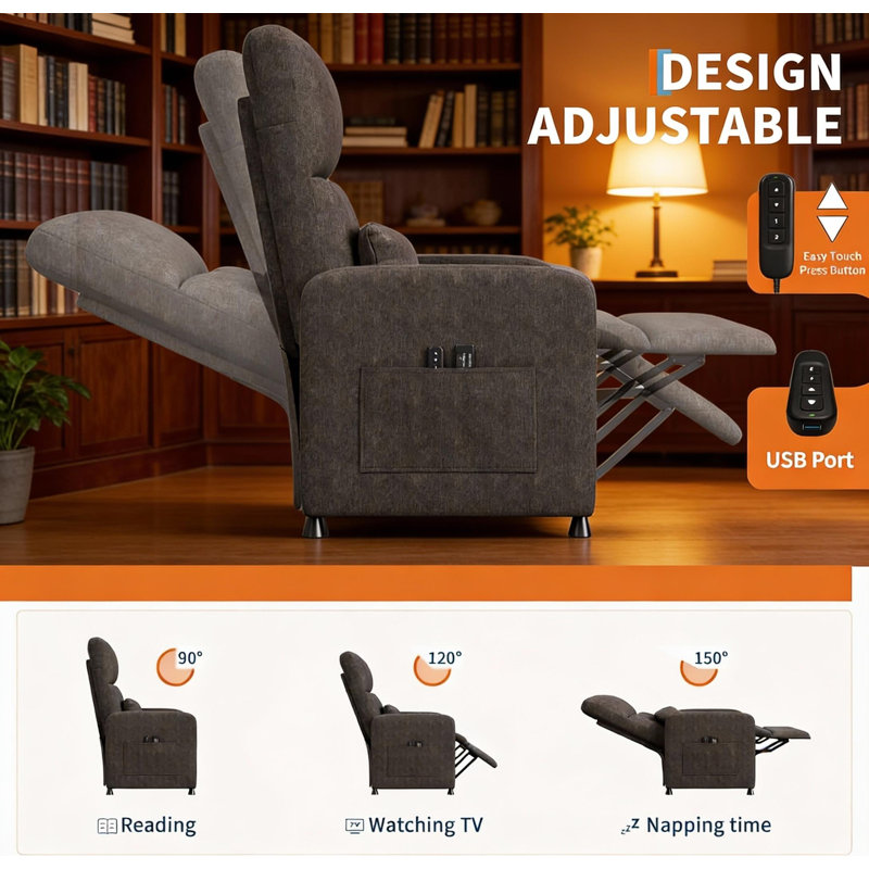 Power Recliner Chair, with 2 Side Pockets and USB Port, Brown