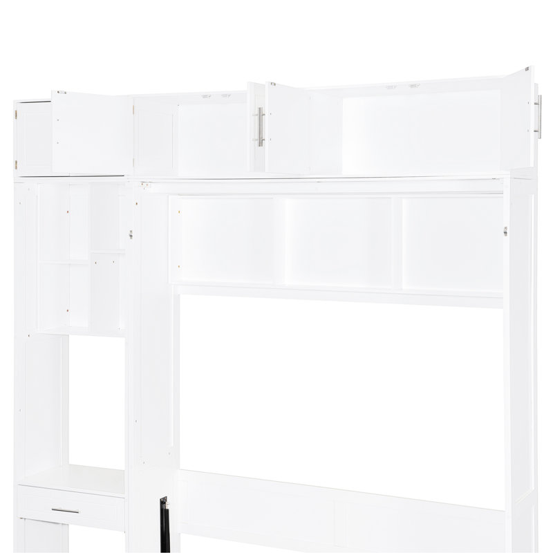 Grand lit mural blanc avec bureau et rangement intégrés, idéal pour les petits appartements, conception peu encombrante, support de matelas confortable, espaces compacts en contreplaqué, matériaux