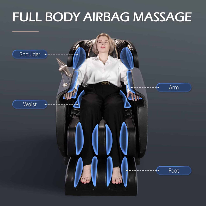 Fauteuil de massage inclinable chauffant avec rail SL, télécommande ACL, Bluetooth, commande APP, Similicuir noir
