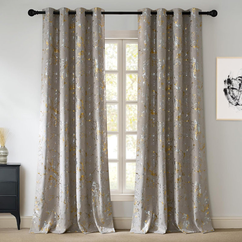 100% Blackout Curtains, Grommet Pattern Gold Foil Printed Window Treatments Room Darkening Drapes for Bedroom, 2 Panels