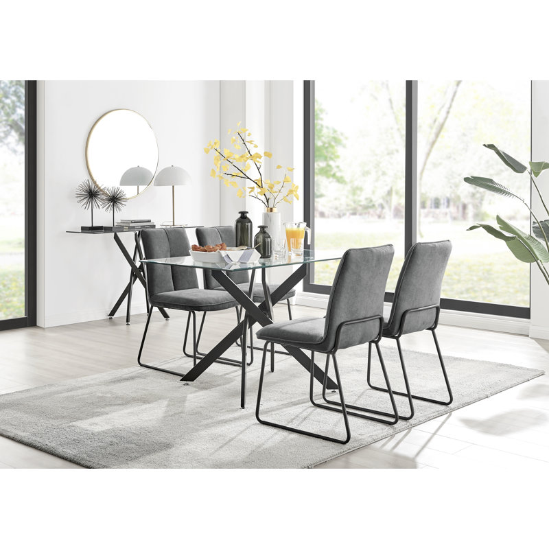 Lenworth Modern Glass & Chrome Metal Dining Table Set & 4 Luxury Fabric Dining Chairs, Dark Grey