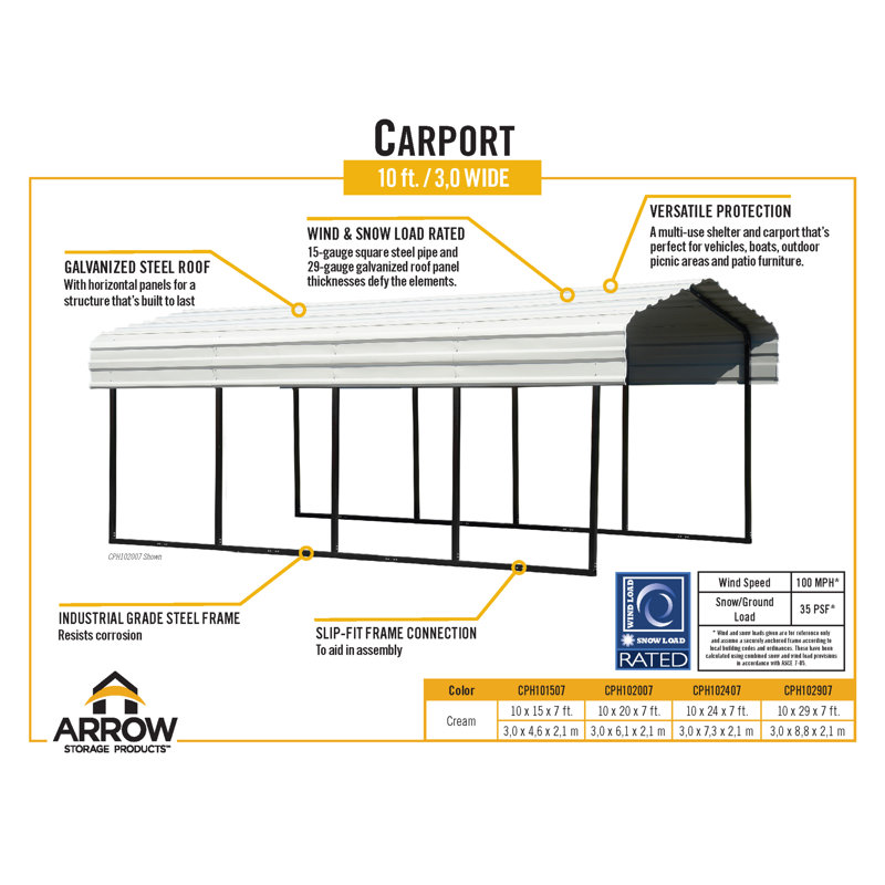Galvanized Steel Carport, 10X20X7, 98.4" H x 120" W x 237" D, Eggshell