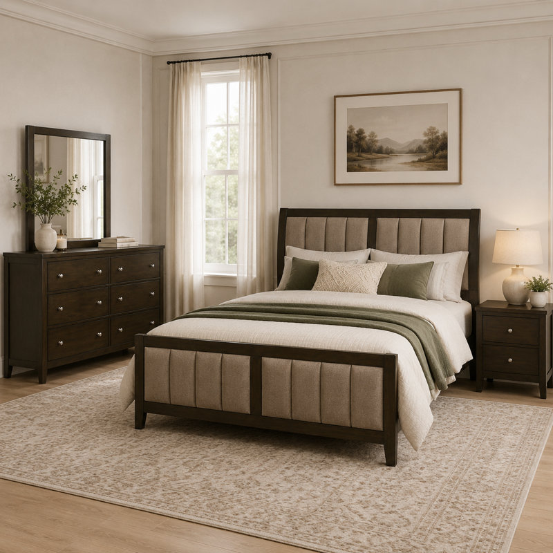 Ensemble de chambre à coucher grand lit 4 pièces avec tête de lit capitonnée et finition cacao foncé Clement