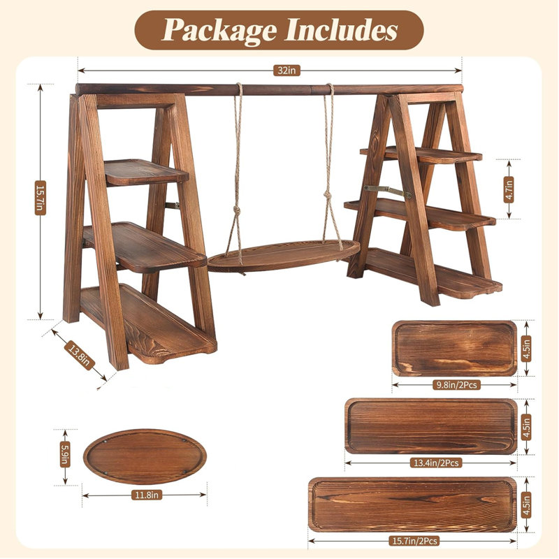 Wooden 3 Tier Cupcake Stand with Swing Serving Removable Tray Display Serving Ladder Foldable Stand with Serving Platter Tray Party Food Display Set for Cake Snack Fruit Chips Bread Centerpieces Catering(Flower Decoration Not Include)