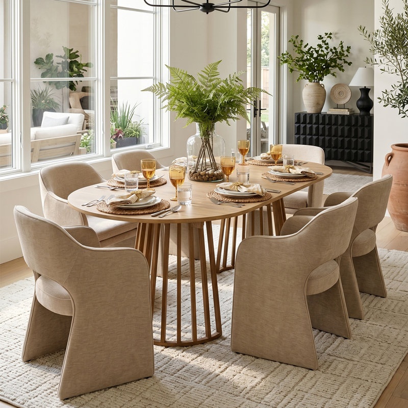 6- Person Dining Table Sets With Extendabe Oval Table & 6 Upholstered Chenile Diining Chairs, Brie