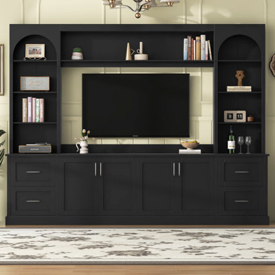 Meuble télé pour téléviseur de 65 pouces, meuble télé mural arqué avec tiroirs et étagères ajustables, console en bois avec passe-câbles