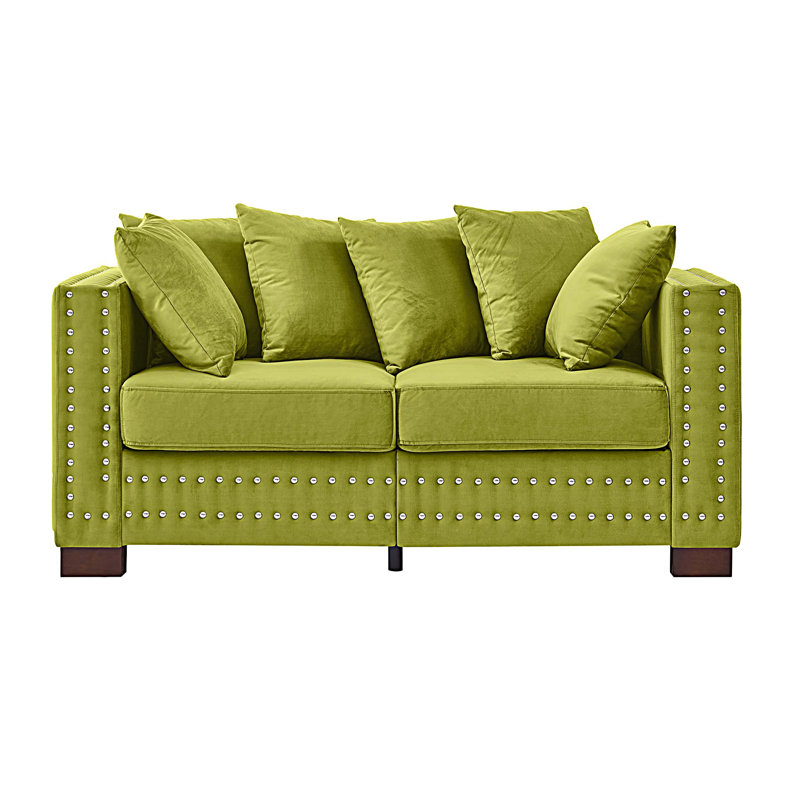 Canapé moderne pour salon avec accoudoirs carrés et décoration clous argentés, Vert