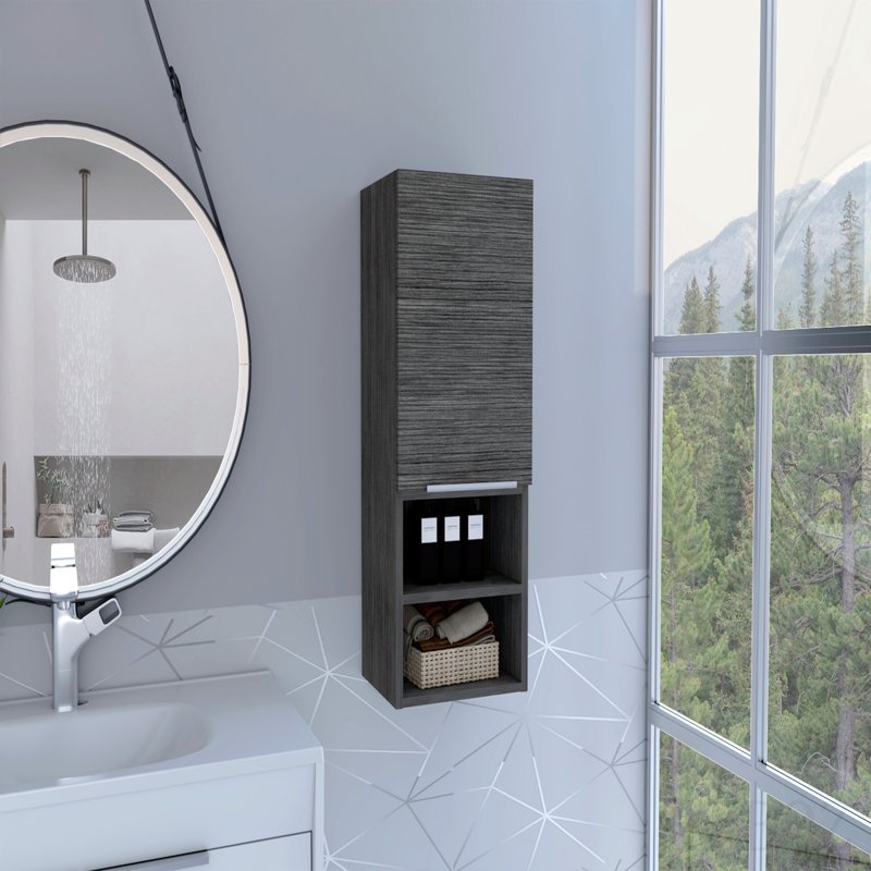 Armoire de salle de bain, deux tablettes intérieures, deux tablettes extérieures, armoire à une porte - chêne Smokey, Gray