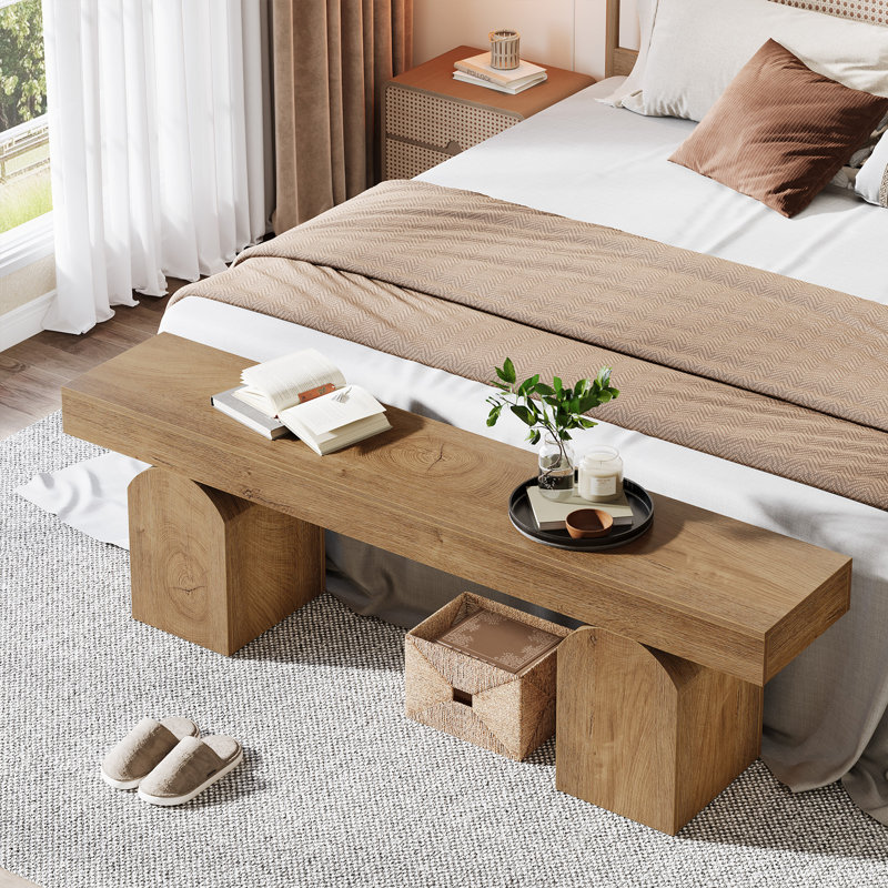 59" Long Black End Of Bed Bench, Modern Bedroom Bench With Arched Bases,, Brown