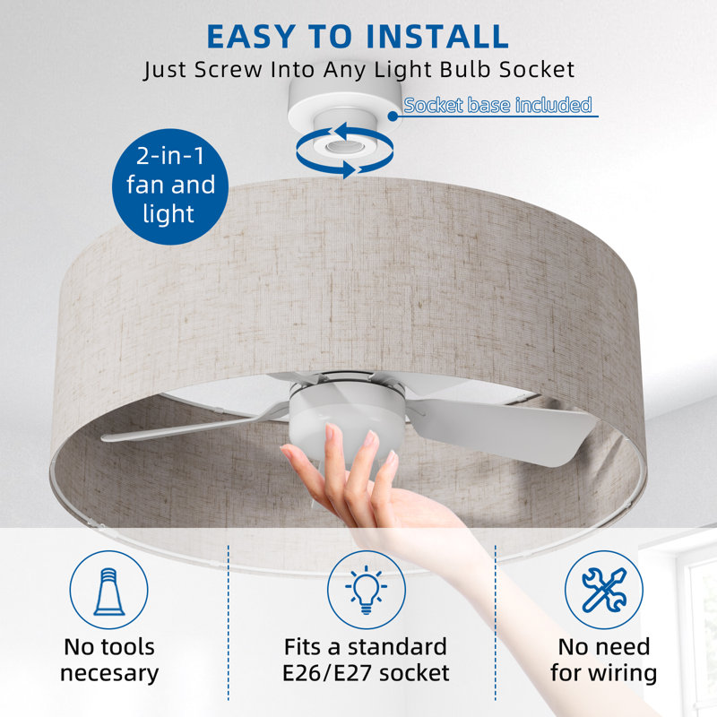 17.7 In. Indoor Socket Ceiling Fan Light With Remote, Led Light, 4 Fan Speeds, Dimmable, 3 Color Temperatures, With Linen Lampshade