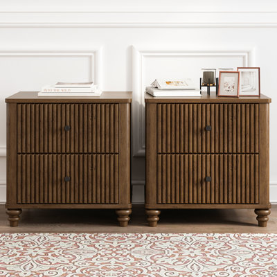 Fluted Nightstand 2-Piece Set, 21.65" Wide Side Table with Drawers, Mid Century Modern Wood NightStand with Metal Handle, Wooden Bedside End Table for