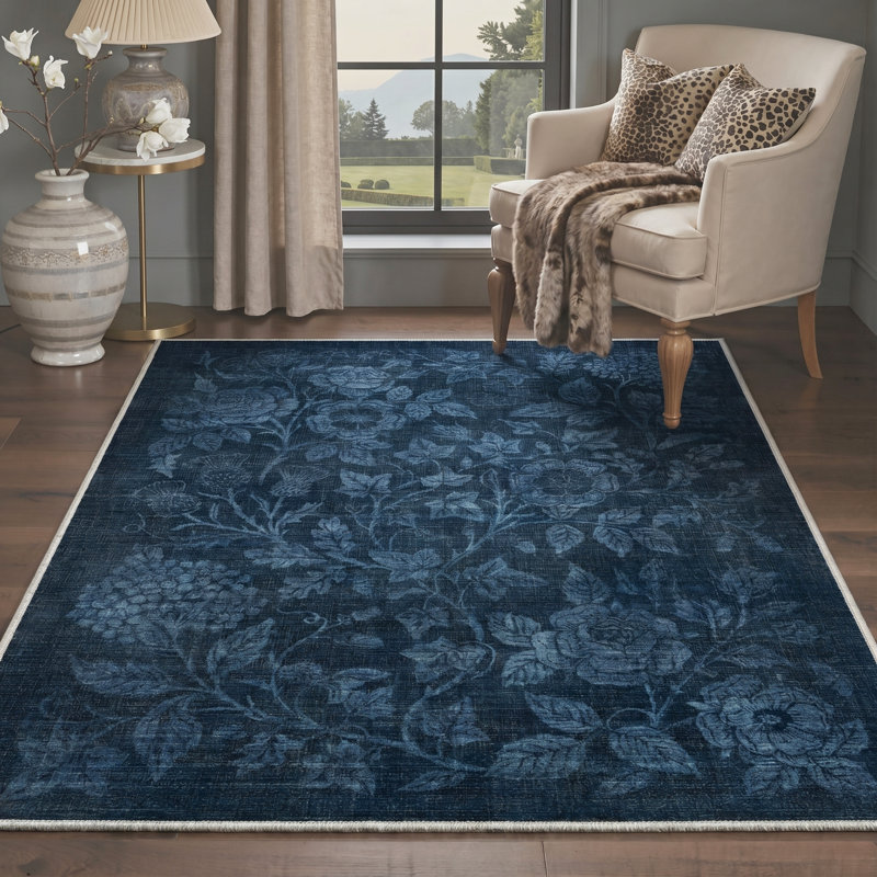 Fjord Modern Blue Indoor Floral Area Rug,Machine Washable, with Non-Slip Backing, Rectangle 9' x 12', Blue