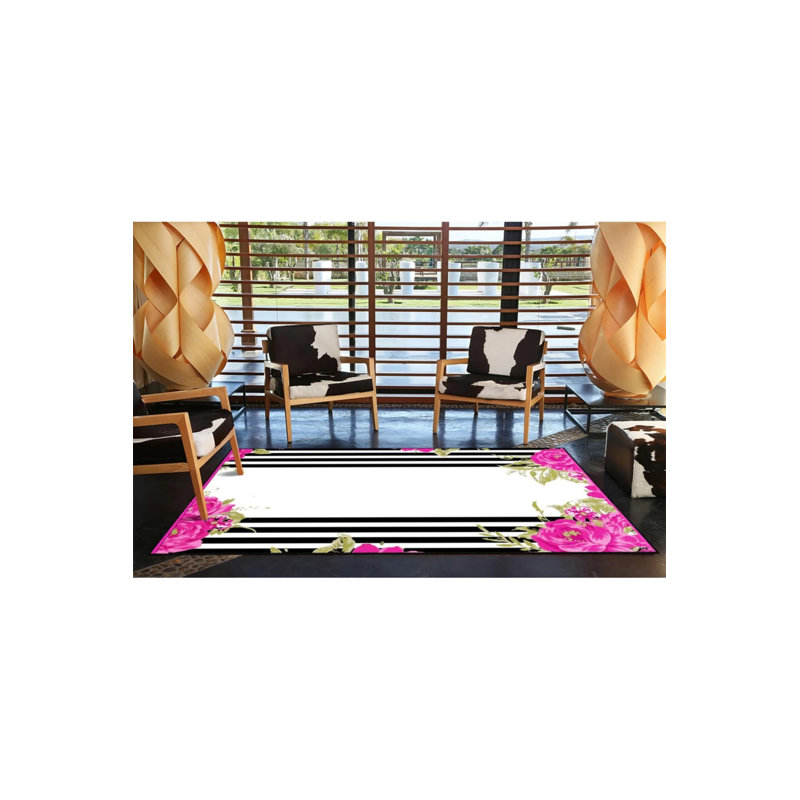 Tapis décoratif rose à motif floral moderne à rayures grises, Rectangle 2 pi 4 po x 4 pi