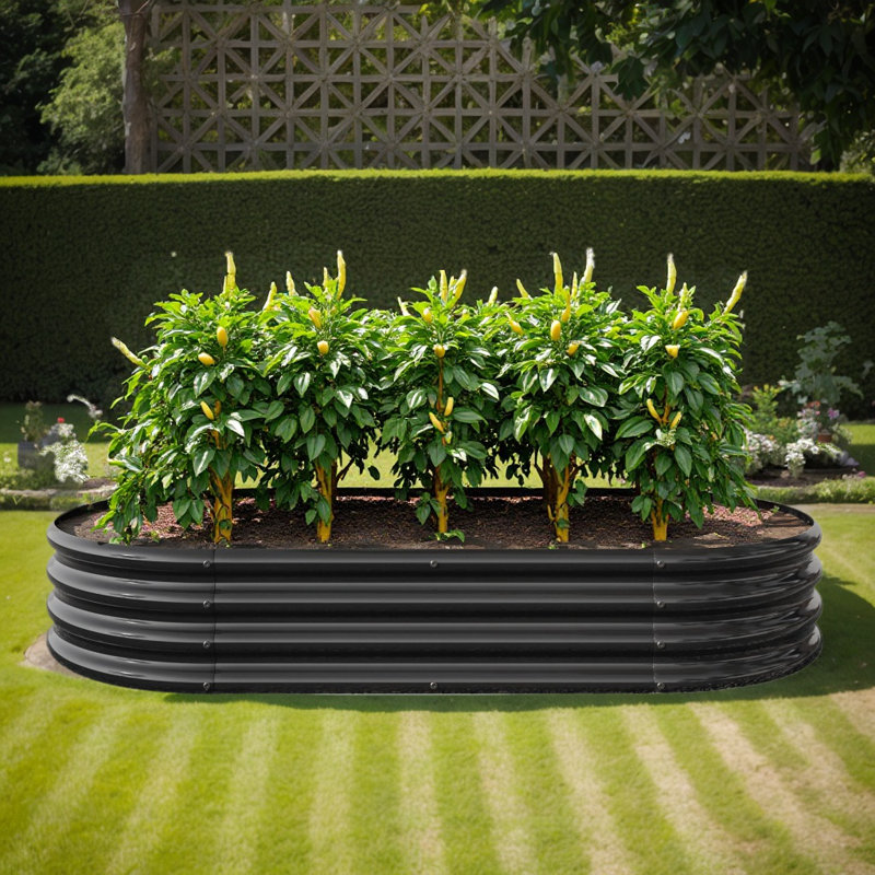 Oval Metal Raised Garden Bed (Silver), Black, 11.42" H x 44.68" W x 88.98" D