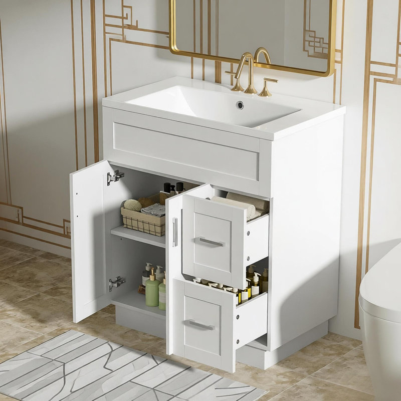 30" Bathroom Vanity With 2 Doors, 2 Drawers, Adjustable Shelf, Hidden Damping Slides For Drawers & Damping Hinges For Doors 