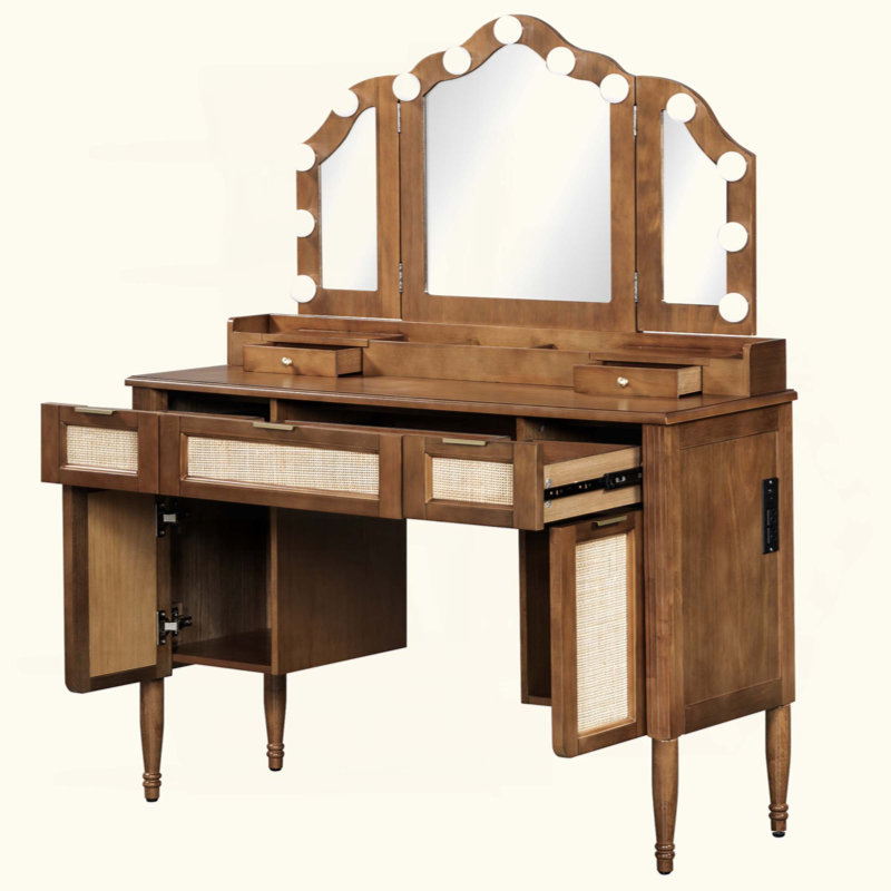 Ensemble de coiffeuse avec tabouret, 13 ampoules Hollywood et 3 modes d'éclairage pour coiffeuse, grande coiffeuse à miroir pliable en trois avec tabouret rembourré, station de charge et beaucoup de rangement